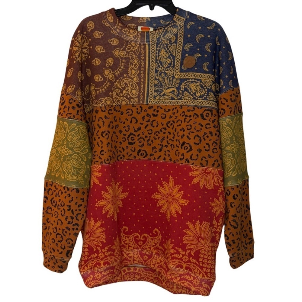 FARM Rio Bandana Mixed Leopard Floral Patchwork Oversized Sweatshirt, sz XS, 🐆 🌼
